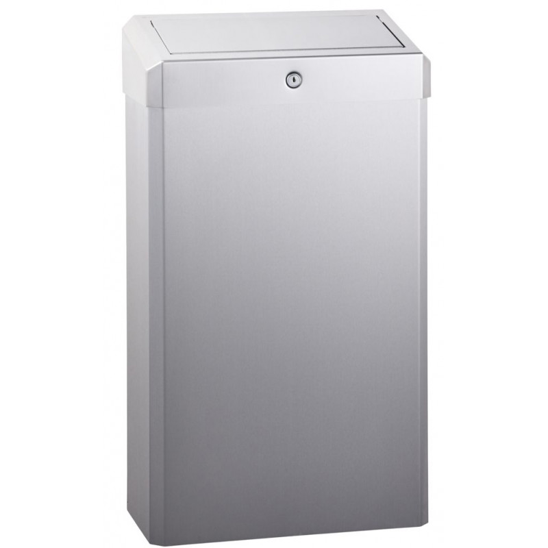 Photo Waste receptacle wall mounted or floor placed stainless steel brushed with PUSH cover and key MKS-201